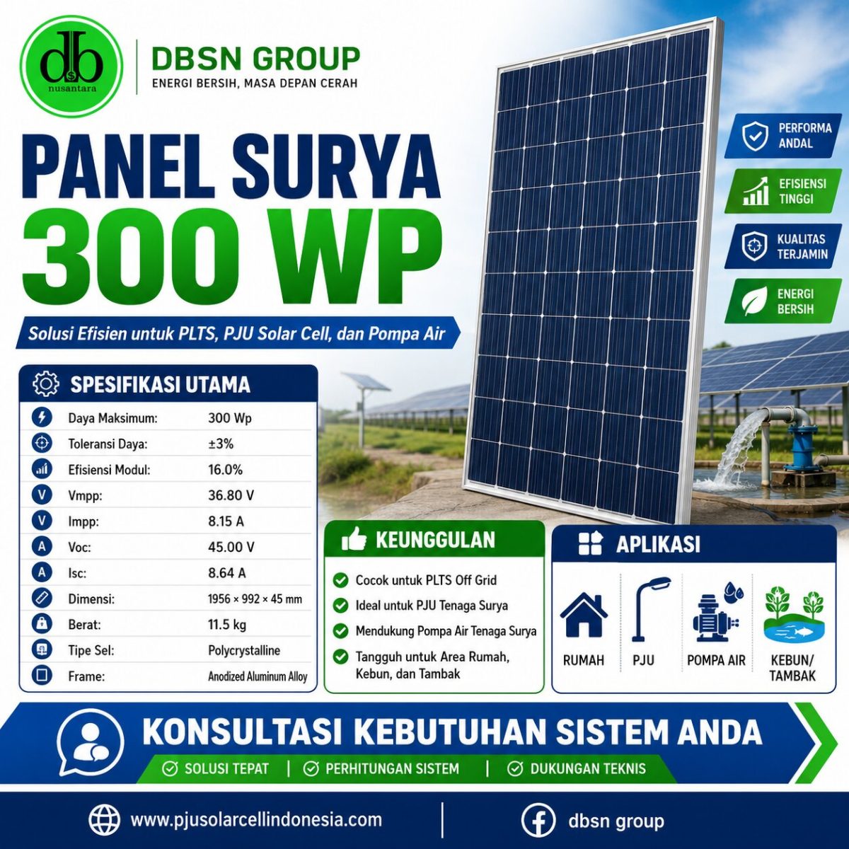 Panel Surya 300 WP Arostech Solar Untuk PLTS & PJU