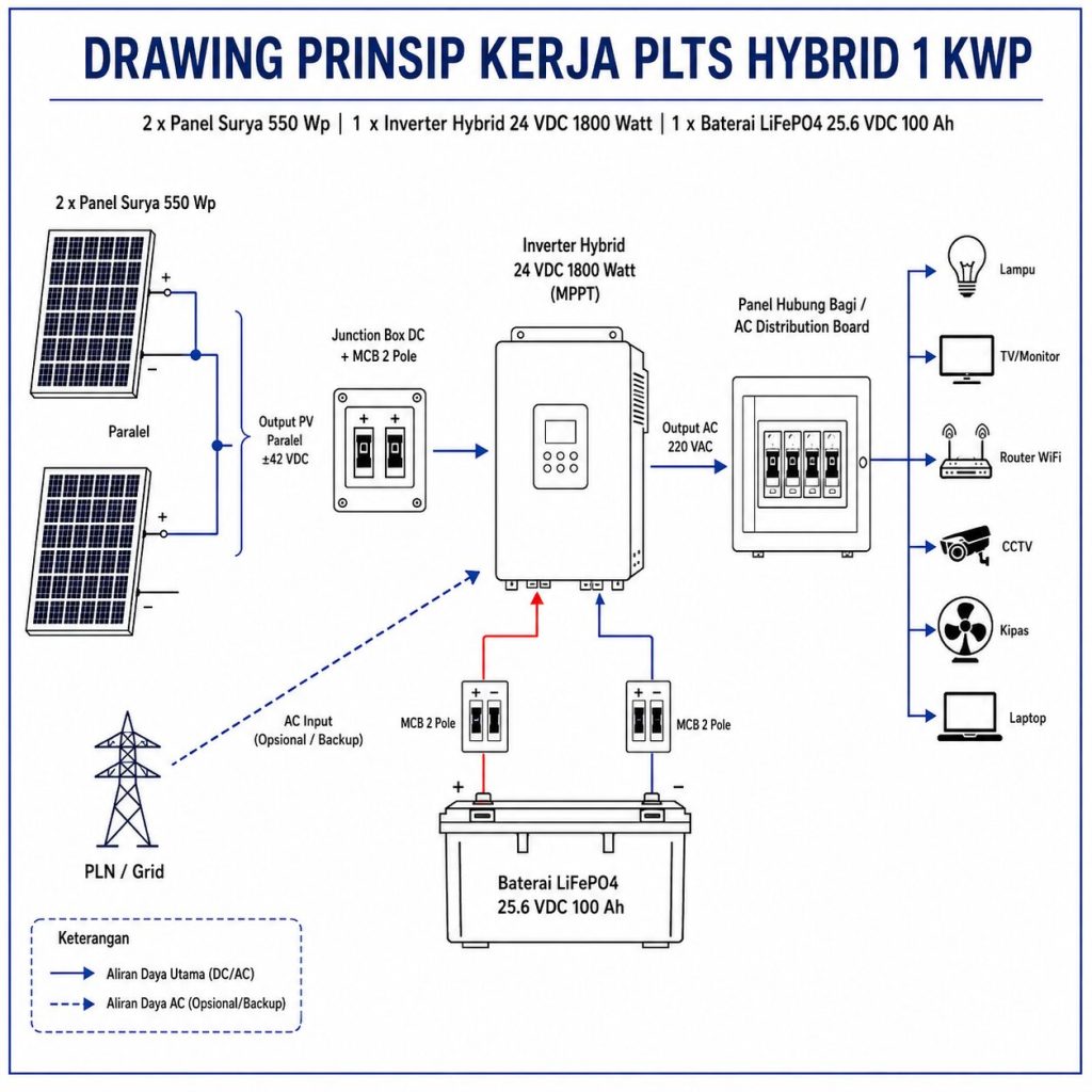 Bagaimana Prinsip Kerja PLTS Hybrid 1 KWP untuk Rumah dan Ruko? 1 98c9cf07 30ad 4b41 8020 040b620aee12